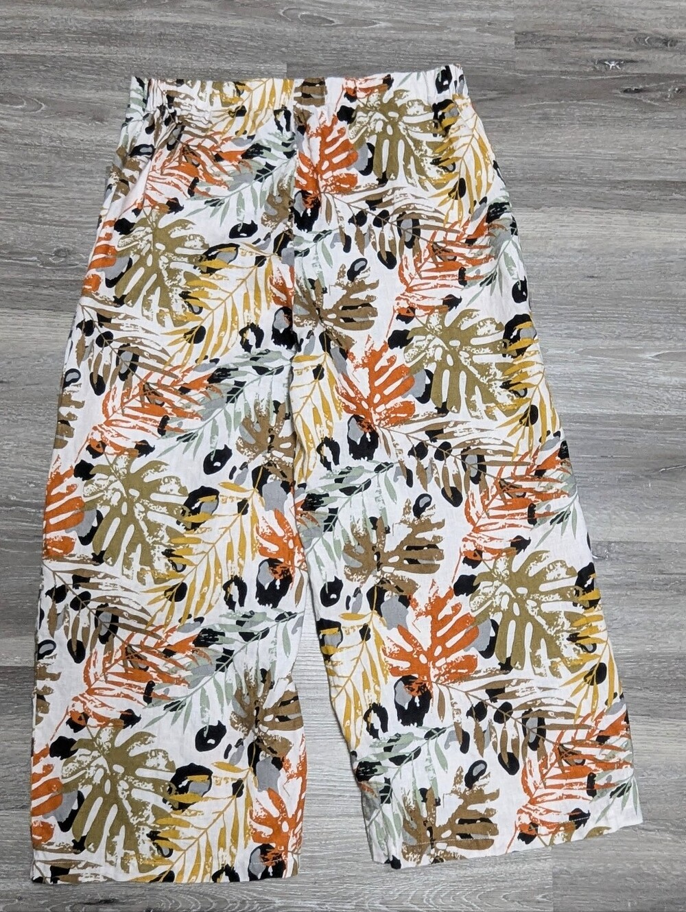 Tahari 100% Linen Pants Fall Leaves Print Size XL Wide Leg Crop